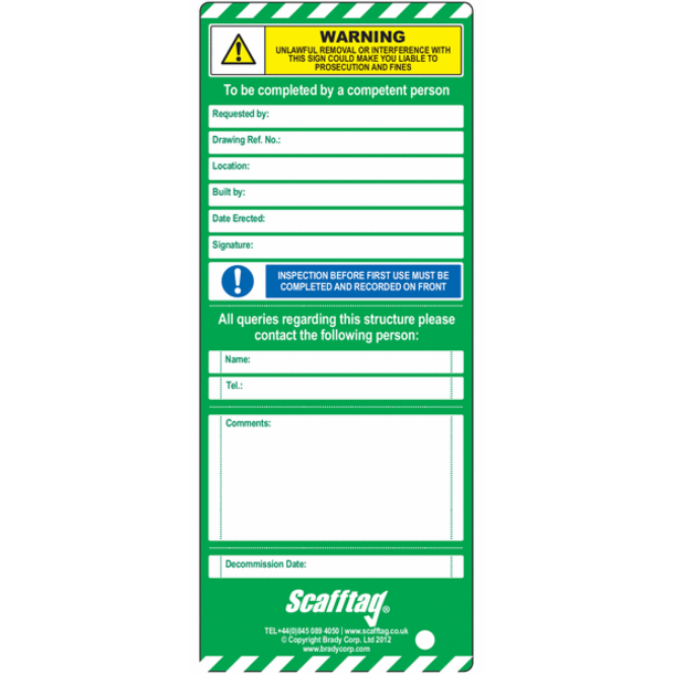 SCAFFOLD TAG INSERT CARD